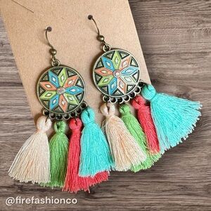 Boho NEW Hippie Tassle Drop Earrings Vibrant Tan Blue Orange Boutique Style